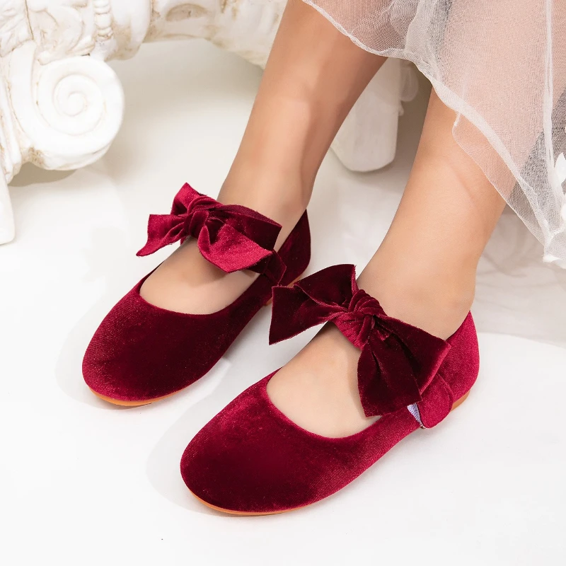 Little Girls Mary Jane Shoes Sweet Bowknot Decor Children Princess Leather Shoes Wine Red Wedding Party Kids Ballet Flat Shoes