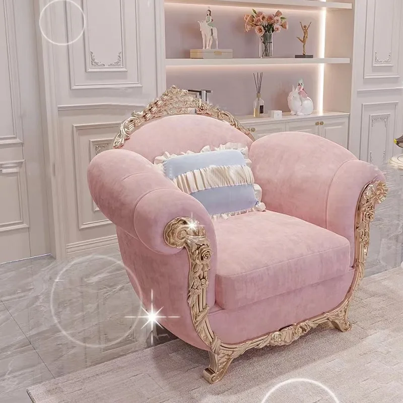 Solid wood carving flower fabric three-person sofa neoclassical court living room furniture