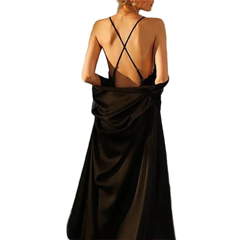 【ADORN】Women's Long-Sleeved V-Neck Satin Extra-Long Nightgown Spa Dressing Gown Bathrobe Nightgown Black L