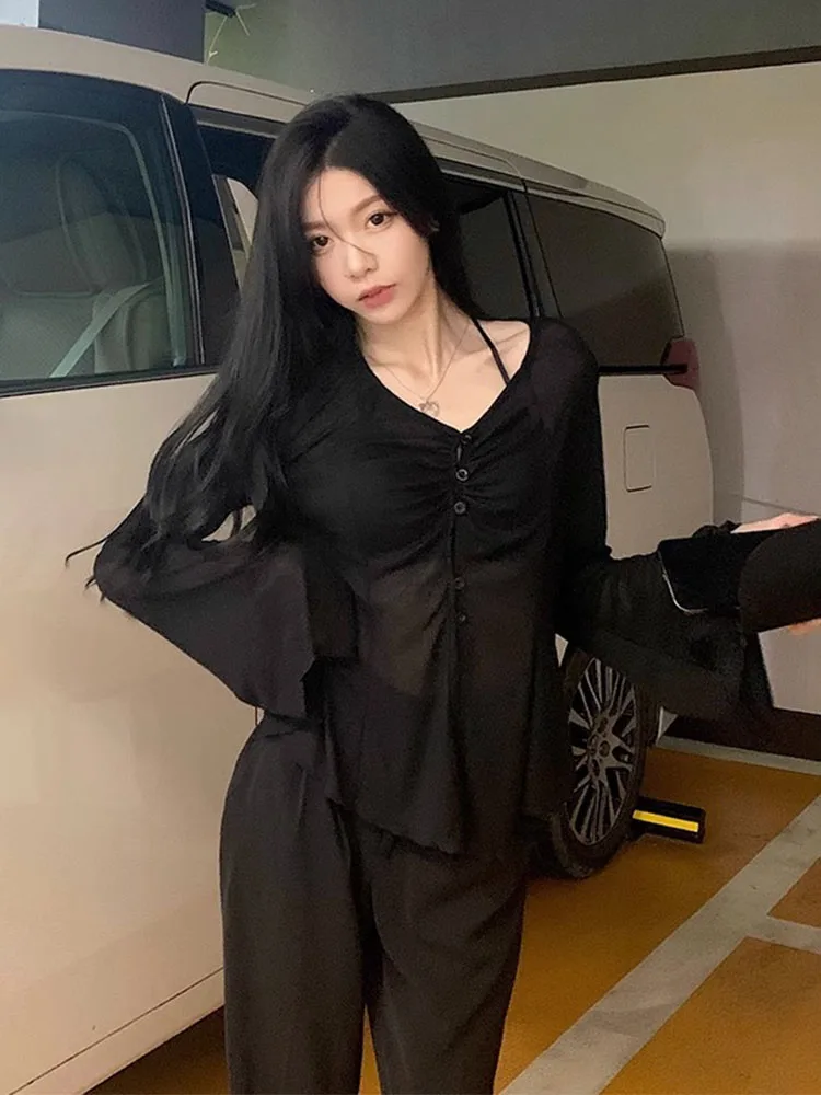 High Street Casual Tees Black Gothic Flare Sleeve Casual T-Shirt Women V-Neck Streetwear Gyaru Clubwear Coquette 2000s Aesthetic