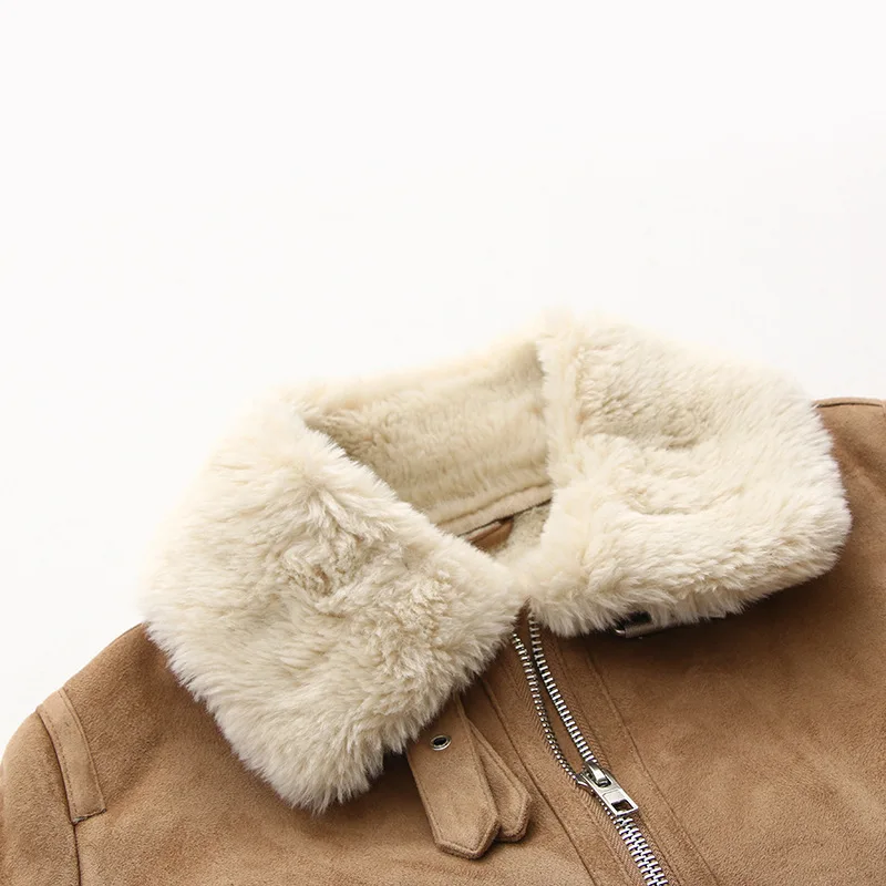 Winter Thick Warm Long Suede Jacket Parka Trench Faux Shearling Sheepskin Leather Lamb Fur Coat Vintage Female Overcoat Outwear