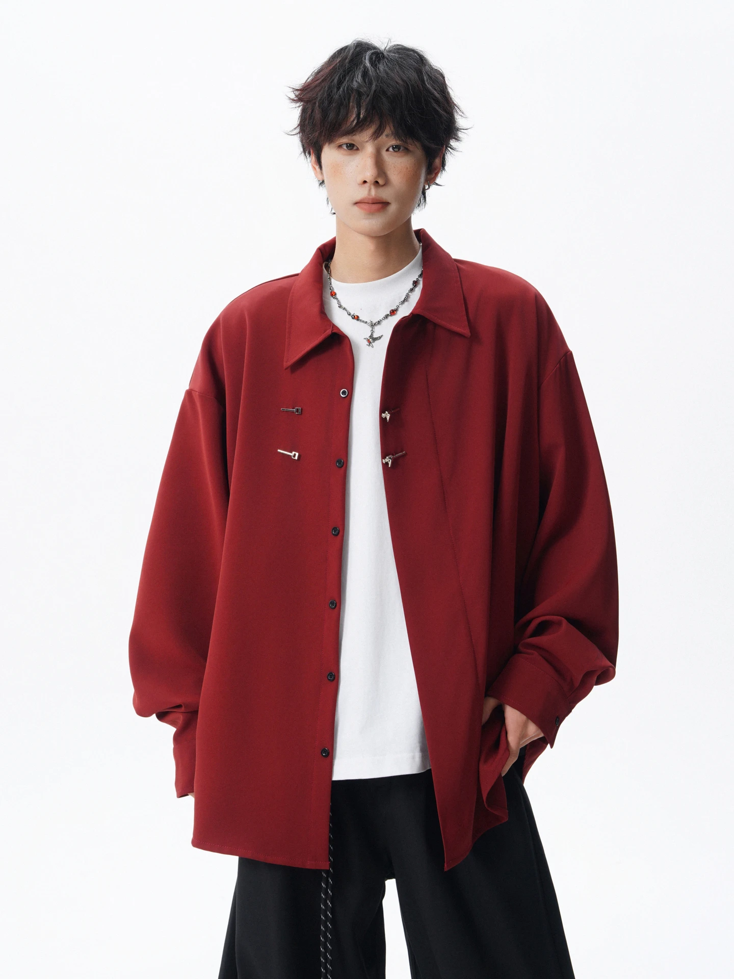 

New Chinese Sle Long Sve irt ex Loose Fit Casual Wear Metal Bule Autumn Faion Polyester Blend Versatile irt