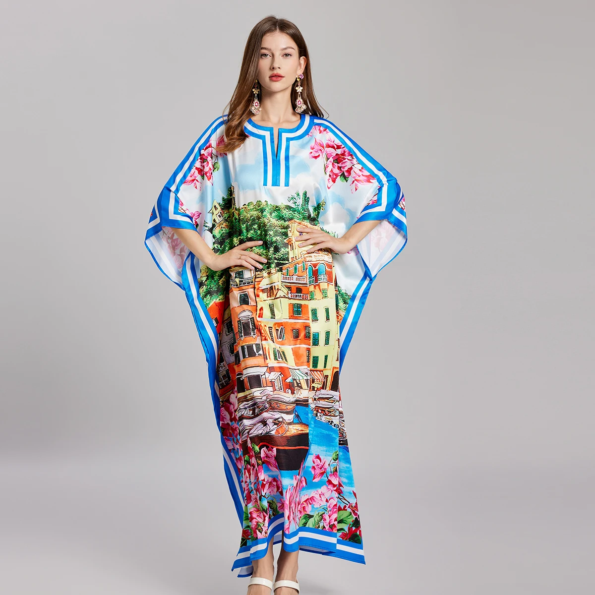 

New Summer Holiday House Flower Long Dress Oversize Loose Bohemian Women's O-Neck Batwing Sleeve Split Holiday Maxi Robe Female