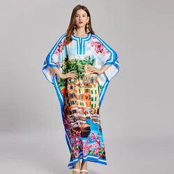 New Summer Holiday House Flower Long Dress Oversize Loose Bohemian Women's O-Neck Batwing Sleeve Split Holiday Maxi Robe Female