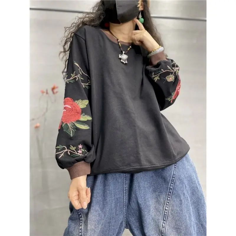 95% Cotton Pullovers Women Fashion Cuff Embroidery Design Pullover Casual Loose O-neck Vintage Top Spring Autumn Thin Sweatshirt