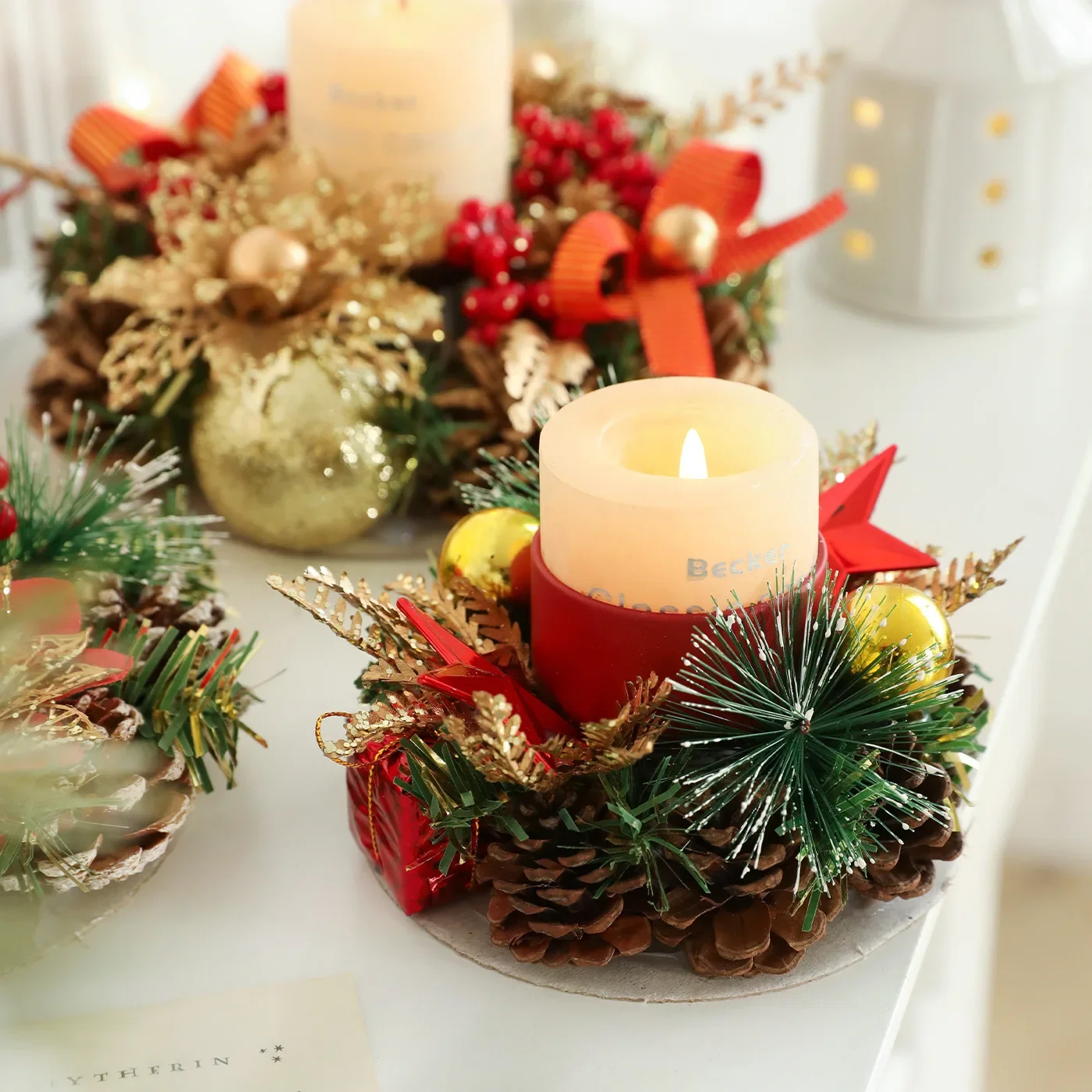 Christmas Candle Holders W/ Berries Pinecones Flower Mini Artificial Pine Table Centerpiece for Xmas New Year Tabletop Dining