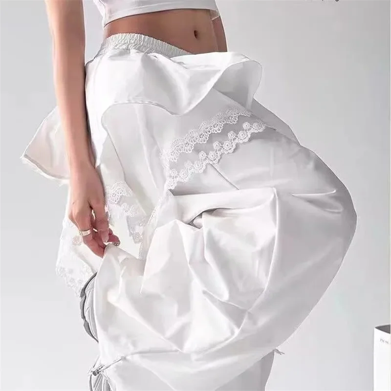Women's Chic Design Tooling Casual Pants 2026 Spring Autumn New Niche Splicing Lace Trousers Female Dancing Wide-leg Pants