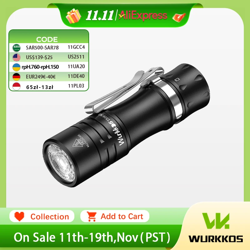 

Wurkkos TS10 SG Mini Torch 1650LM Poweful EDC Flashlight 14500 IP68 Waterproof Pocket Flashlight with 3*RGB Aux LEDs Anduril 2.0