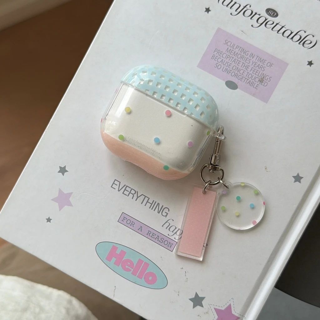 Spring Day Blue Grid Dopamine Polka Dot With Pendant Shock Proof Earphone Cover Case for AirPods 1 or 2 3 4 Pro 2 Pro 3