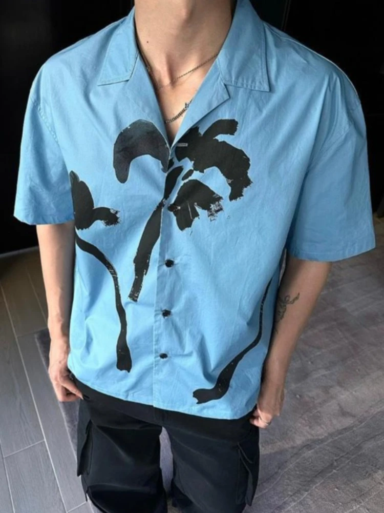 2026 Men's Summer Beach Casual Shirt Loose Fit Printed Lapel Neck Short Sleeve Shirt Lightweight Daily Streetwear All Match New