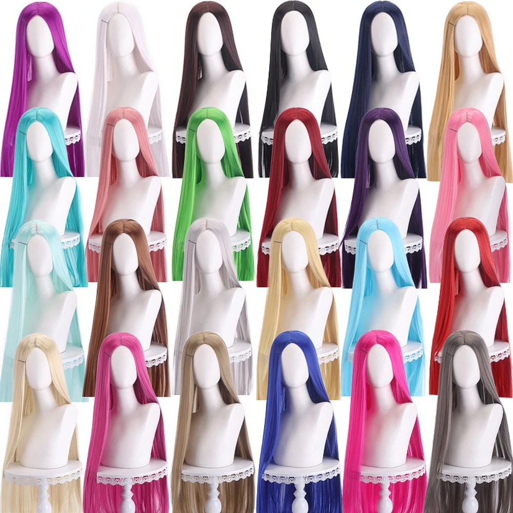 Long Straight Cosplay Wig Centre Parting Central Split Blond Pink Red Purple Heat Resistant Synthetic Hair Wigs
