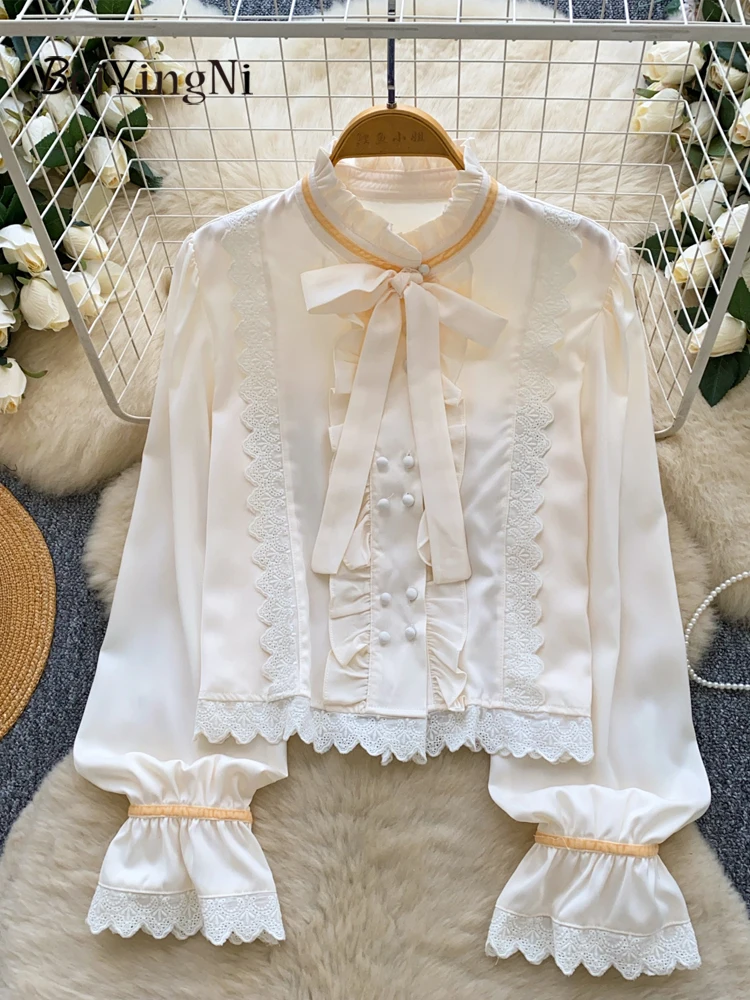 

Beiyingni Casual New Fashion Female Tops Luxury Kpop Bow Lace Patchwork Full Sleeve Shirts for Women Plain Autumn French Blusas
