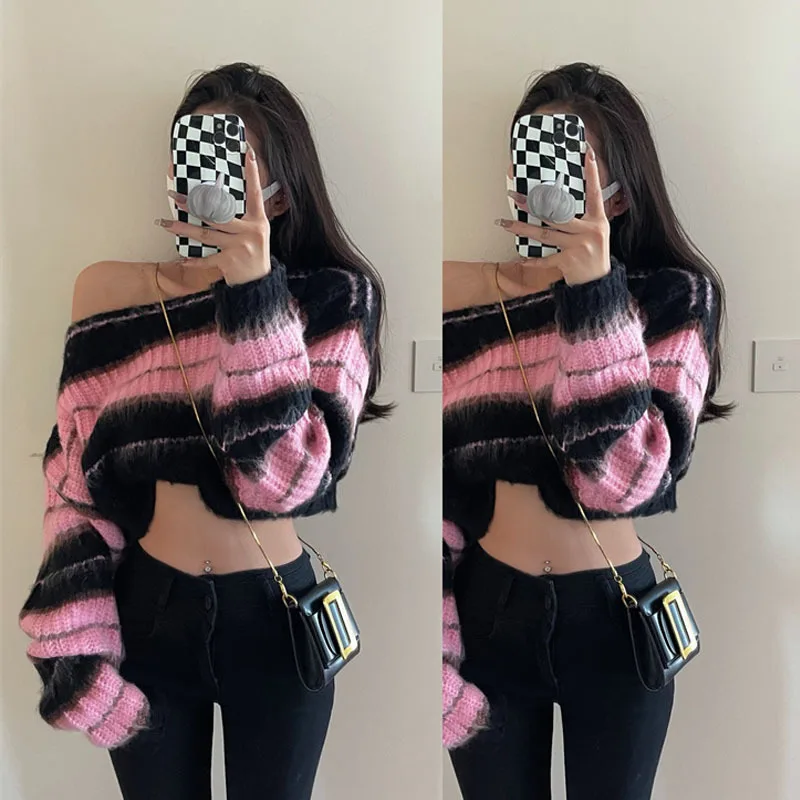 

Y2K Korean Style Pink Cropped Sweater Women Striped Jumper Vintage Female Autumn Long Sleeve Crewneck Pullovers Tops