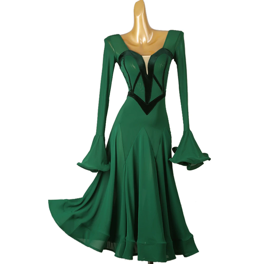 

Waltz New Women's dress Dark Green Black Friendship Ballroom Dance Horn Sleeve Velvet Large Skirt High-end Modern Practice Dress