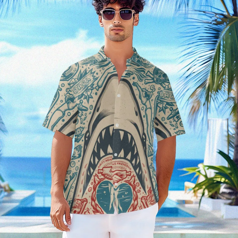 

Summer Hawaiian Shirt Fashion Shark Pattern Sexy Tops Beach Fashion Men Shirt Party Streetwear Shirts Short Sleeve Male Clothes