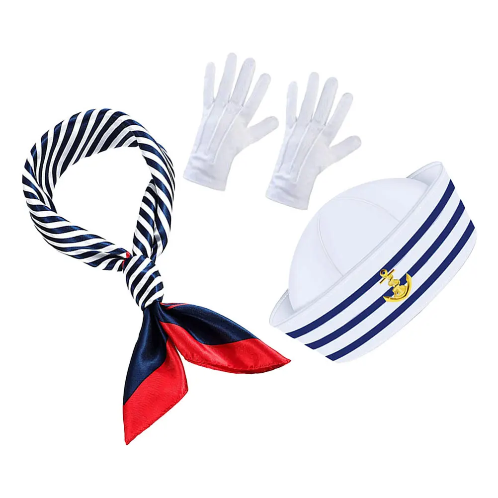 

1Set Blue White Striped Captain Hat Scarf Gloves Nautical Costume Accessories for Party Cosplay Performances Sailor Neck Scarf