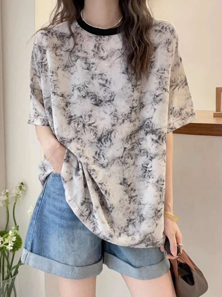 

Свободная футболка из чистого хлопка с эффектом похудения, летняя модная футболка с водным медиаческим принтом, женский круглый топ Ne Top