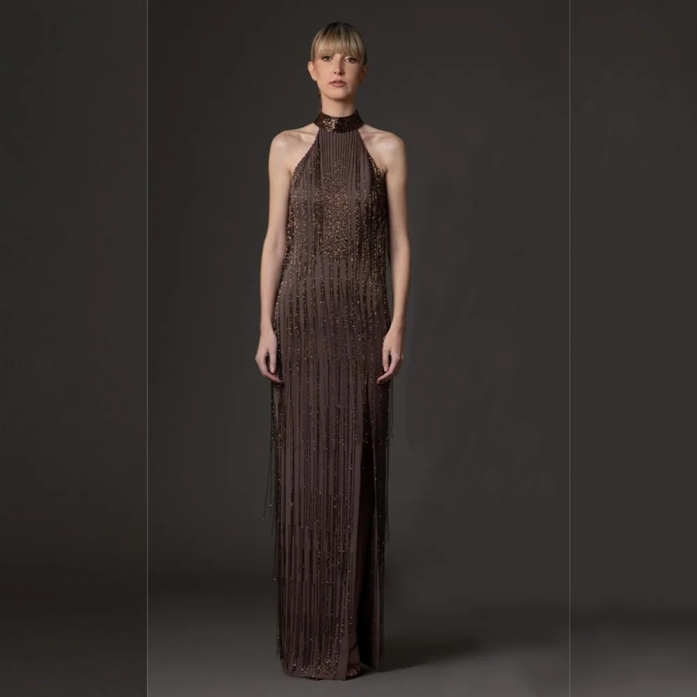 Vestidos largos rectos sin mangas con cuello alto y borlas de temperamento personalizado vestido de noche Formal vestido de fiesta para ocasiones a medida