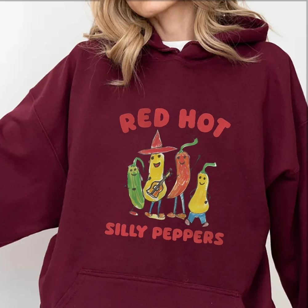 Red Hot Silly Pepper Round Neck Sweater Top Print Long Sleeves Couple\'s Shirt Y2K Style Pullover Sportwear 2000s Clothes