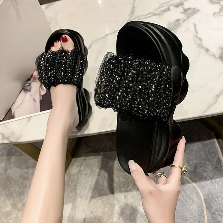 Thick Sole Slippers Ladies Thick Sole Sandals 2024 New Summer Fashion Sequins Solid Color Mesh Ladies Beach Ladies Slippers