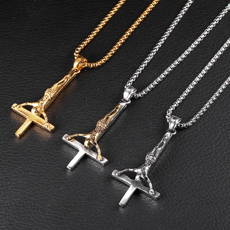 Punk Stainless Steel Inverted Cross Pendant Jesus Christ Pendant Necklace Jewelry Gift