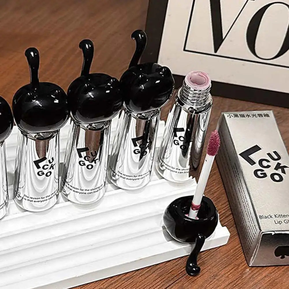 LUCKGO Little Black Cat Lipstick Hydrating Lip Gloss Lightweight Sheer Mirror Finish Gentle Brightening Lip Gloss