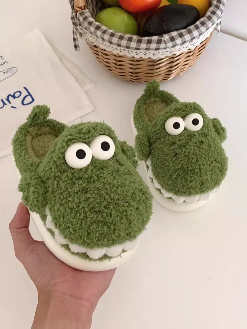 Funny Plush Home Slippers Warm For Men And Women Fun 2024 Winter Indoor Household Crocodile Parent-child Cotton Slippers