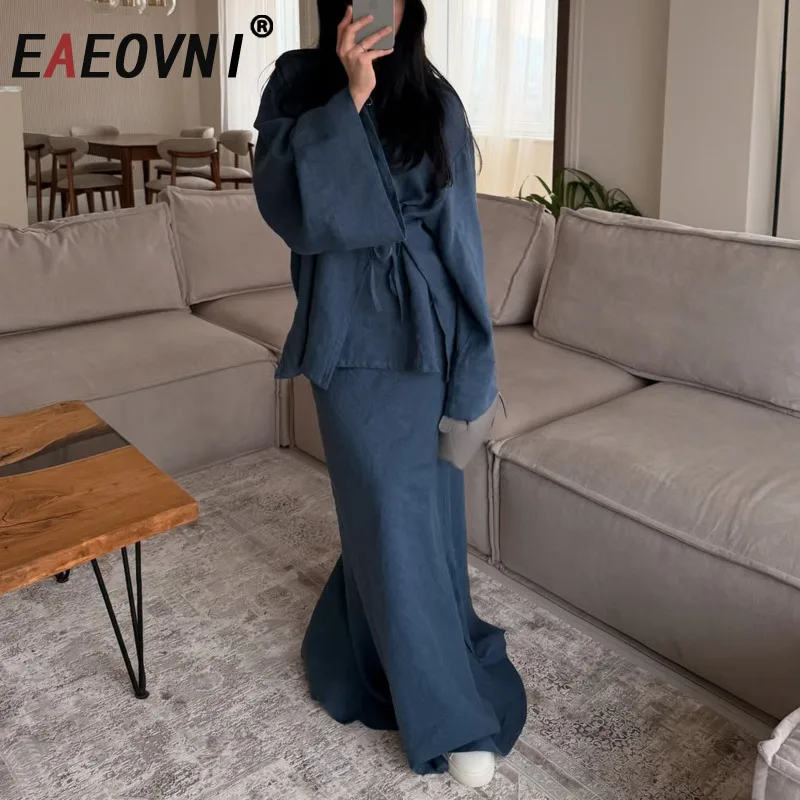 

EAEOVNI 2025 Casual Women Two Piece Set V Neck Lace-up Design Blouse + Wide Leg Trousers Fashion Solid Color Clothing