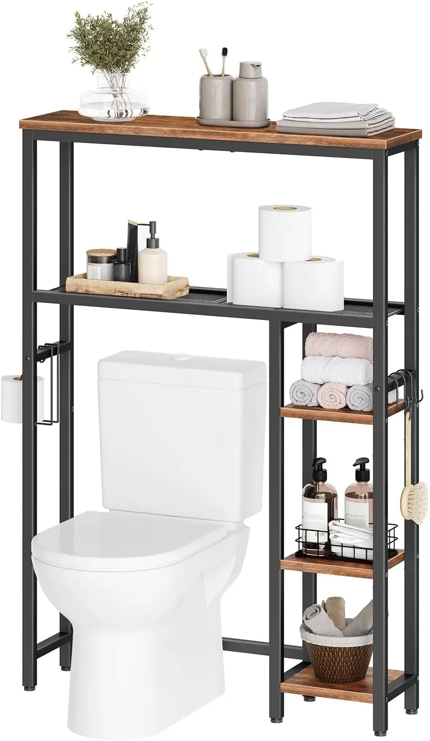 

Over The Toilet Storage Cabinet, Freestanding Bathroom Organizer with Toilet Paper Holder, Hooks, 5