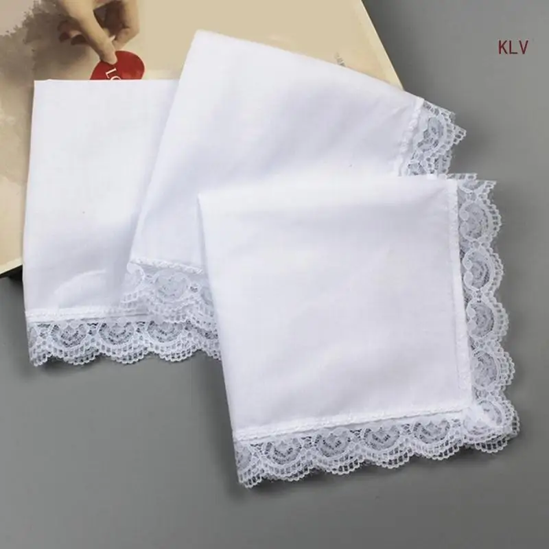 Cotton Handkerchiefs Women Classical Washable Lace Trim Hankie Graffiti Embroidery Tie-dye Handkerchiefs for Adult Kids