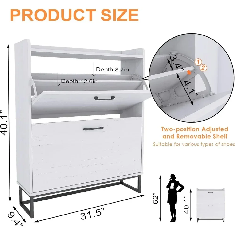 2-х откидных ящиков, скрытый шкаф для хранения обуви для прихожей, узкая полка для обуви с регулируемой полкой и металлическими ножками