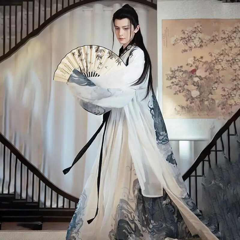 

New Hanfu Men Chinese Traditional Printed Hanfu Male Gradient White&Green Hanfu 3pcs Sets