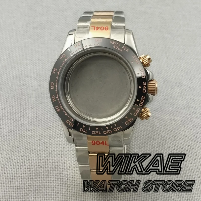 Two Tone Rose Gold VK63 Watch Case With Bracelet Stainless Steel Sapphire Crysta Waterproof Fit VK63 Quartz Chronograph Movement