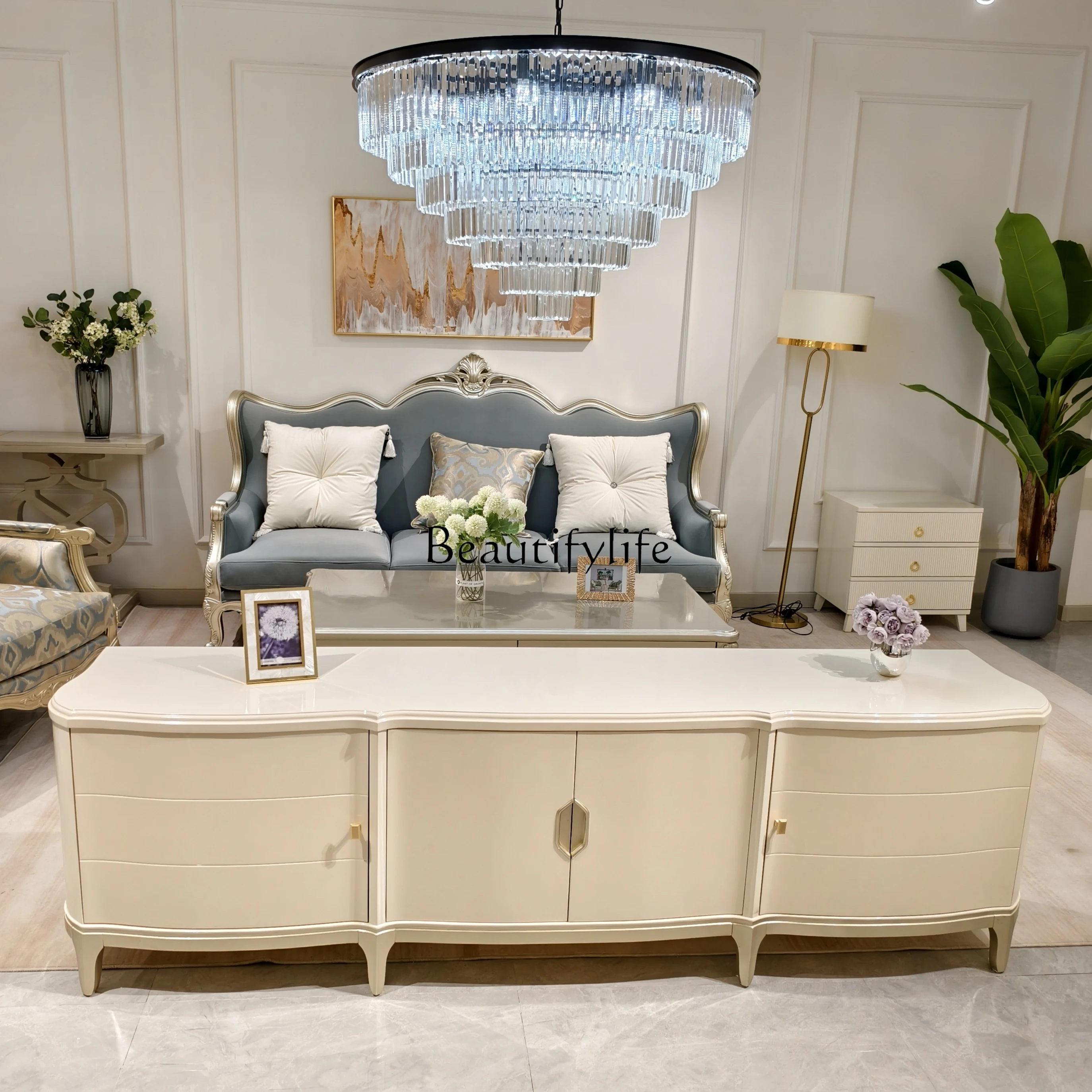 

American light luxury solid wood TV cabinet coffee table combination beige simple side cabinet