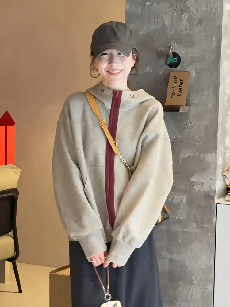 

Уникальный цветной свитшот на молнии с капюшоном, женский свободный утягивающий открытый кардиган, топ, осень-зима, новый повседневный топ...