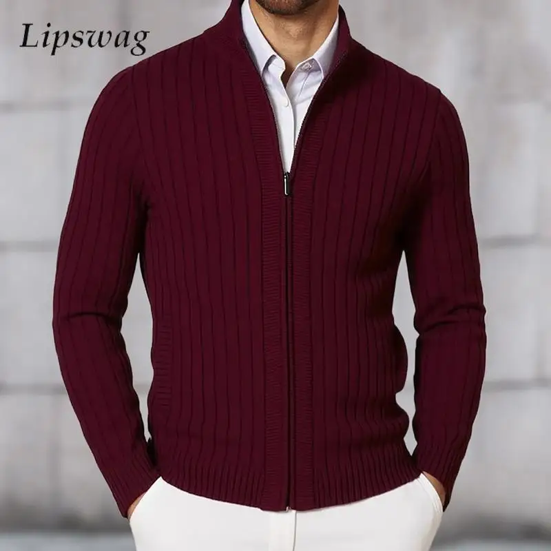 

Offiece Men's Knit Jacket Coat Outdoor Casual Slim Long Sleeve Zipper Sweater Jackets Men Fall Winter Vintage Stand Collar Coat