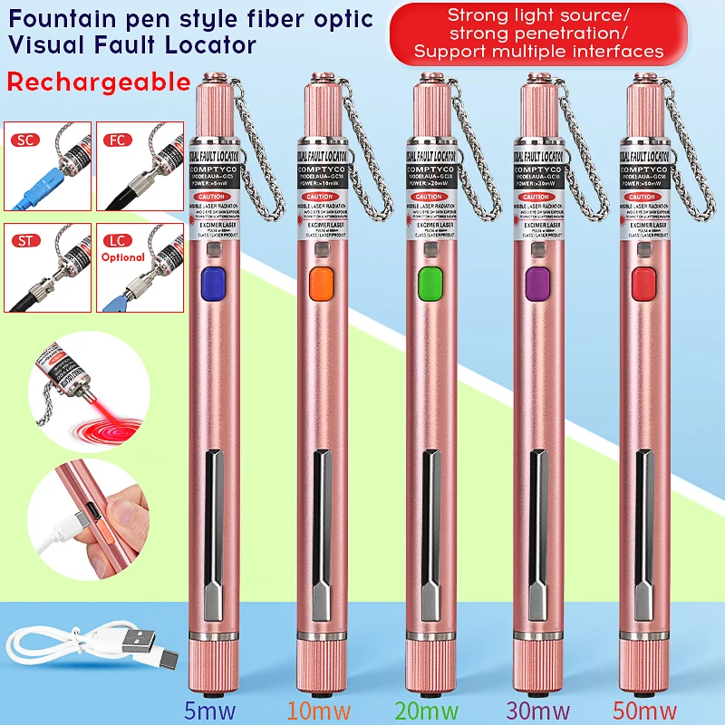 

Перезаряжаемый визуальный дефектоскоп 5-50 МВт, тестер оптоволоконного кабеля, инструмент для тестирования оптического волокна FTTH, интерфейс VFL 2,5 мм (SC/FC/ST)