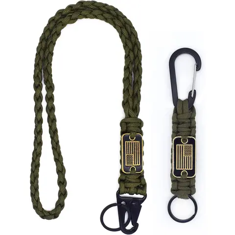 2 Pcs Heavy Duty Braided Paracord Lanyard Keychain with USA Flag Parachute Rope Necklace with Metal HK Clip Key Ring for Outdoor