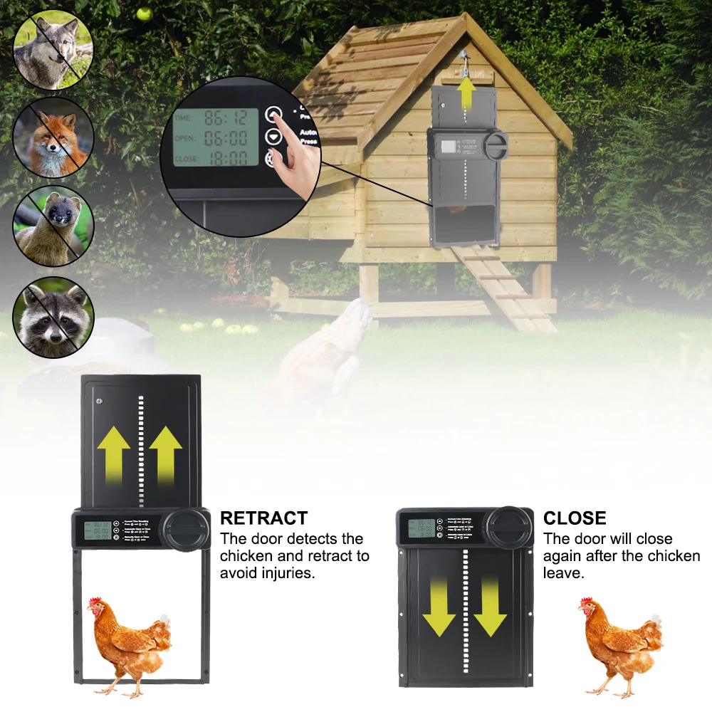 Controlled Open Safety Gate LCD Display Retractable Door Anti-Pinch Function Small Pet Supplies Automatic Chicken Coop Door