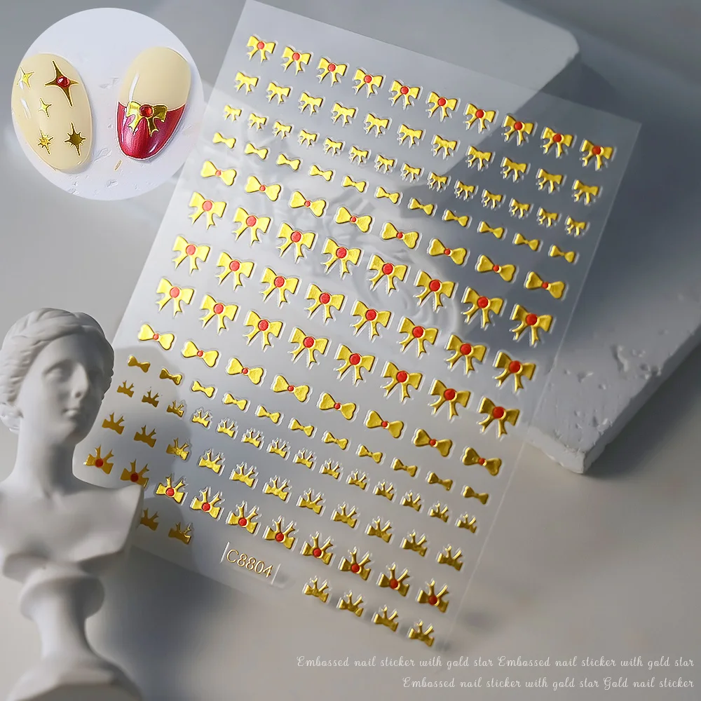 Bronzing Gold Ribbon Bow/Heart Nail Stickers 3D Kawaii Gold Bowknot Nail Decal Y2K Red Metallic Bowknot Love Heart Nail Slider