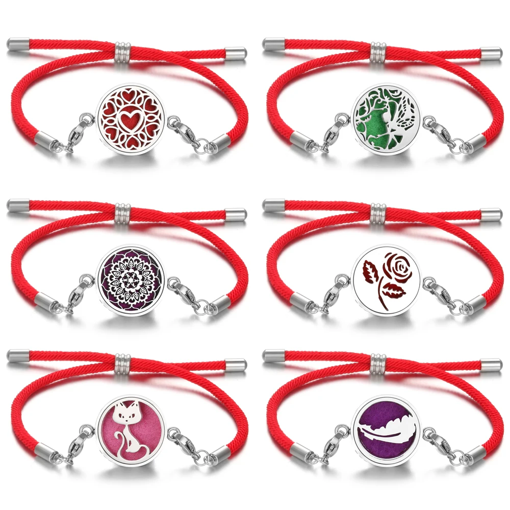 Joyería de acero inoxidable, pulsera de aromaterapia, cuerda roja, difusor de aceites esenciales, medallón de Perfume, pulseras aromáticas para mujer