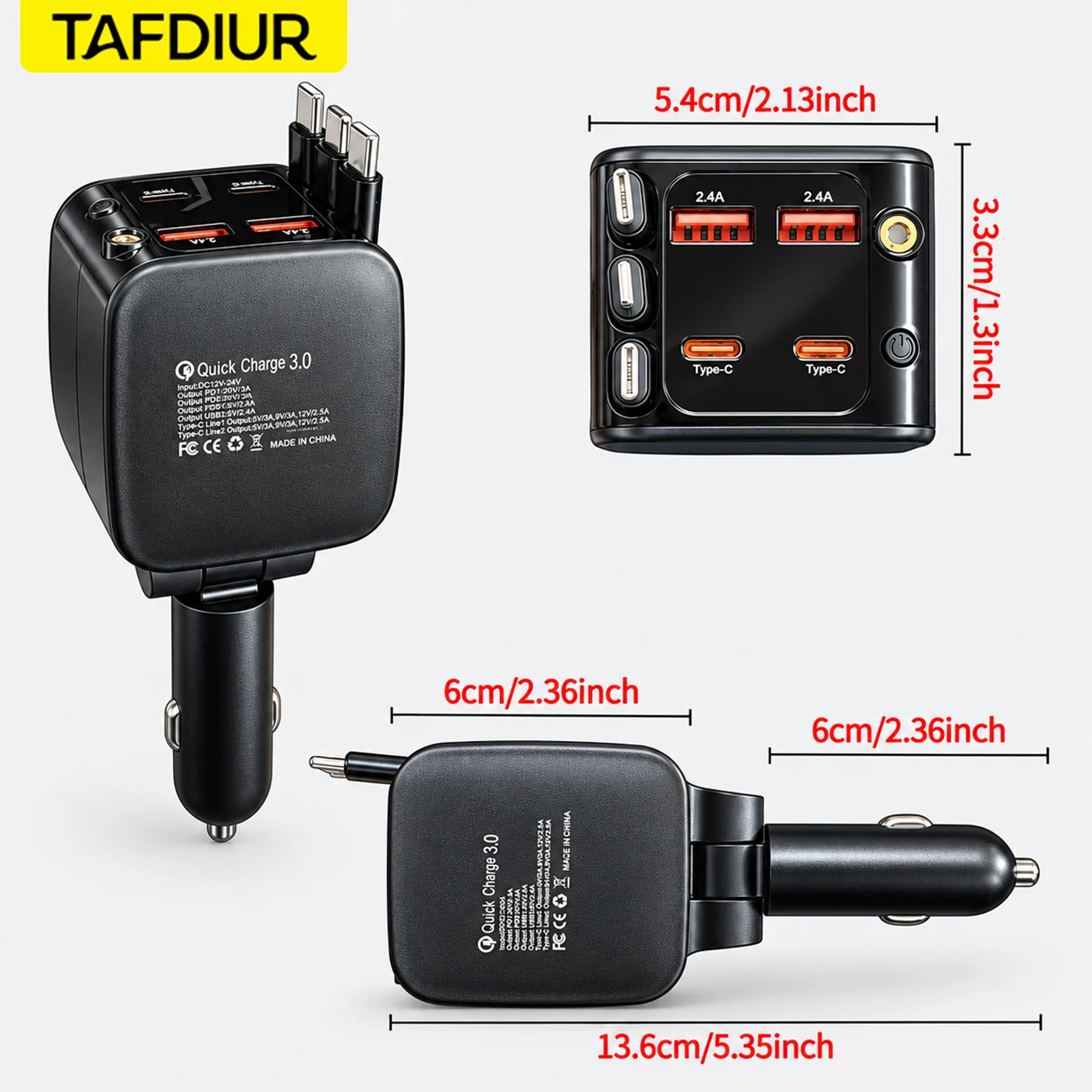 Tafdiur 1-Piece Black Abs Material 30W Fast Charging 4Usb Ports + 2 Type-C + 1 Apple Port Car Cigarette Lighter Charger Splitter, Seven-In-One Retractable Car Charger, with Red Starry Sky Ceiling Light Ambient Light, Fast Charging with Voltage Display, Ultra-Long Data Cable