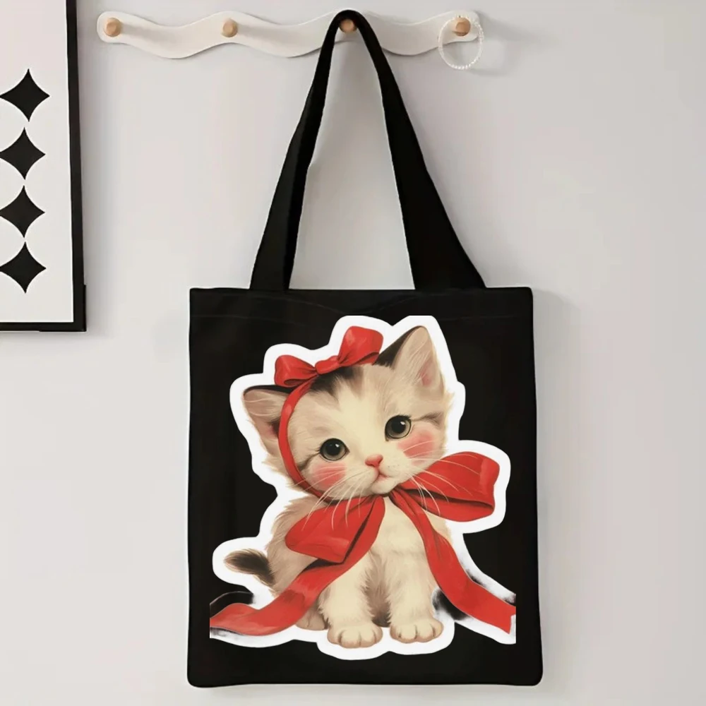 

Kitten With Pink Bow Print Black Canvas Tote Bag, Women Shoulder Bag, Sweet Pet Handbag for Coquette Style