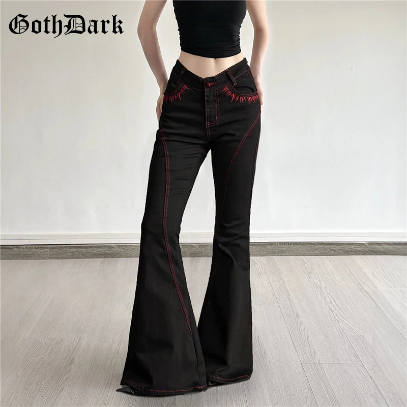 

Goth Dark Mall Gothic Embroidery Decor Full Length Denim Pants Y2K Grunge V Low Wasit Pocket Flare Trousers Women Street Jeans