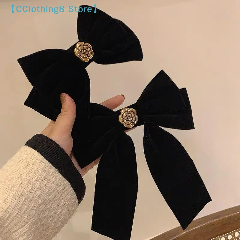 Pasadores para el cabello con lazo de terciopelo negro, elegantes pinzas para el cabello con camelia de tela para mujer, pasadores para cola de caballo, accesorios para el cabello【AliS8】