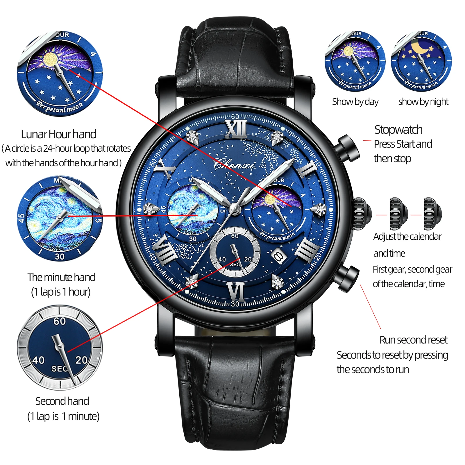 Chenxi 972 Sun Stars Stopwatch Multi-function Fashion Men's Moon Phase Timing Calendar Quartz Watch Clock Man reloj hombre