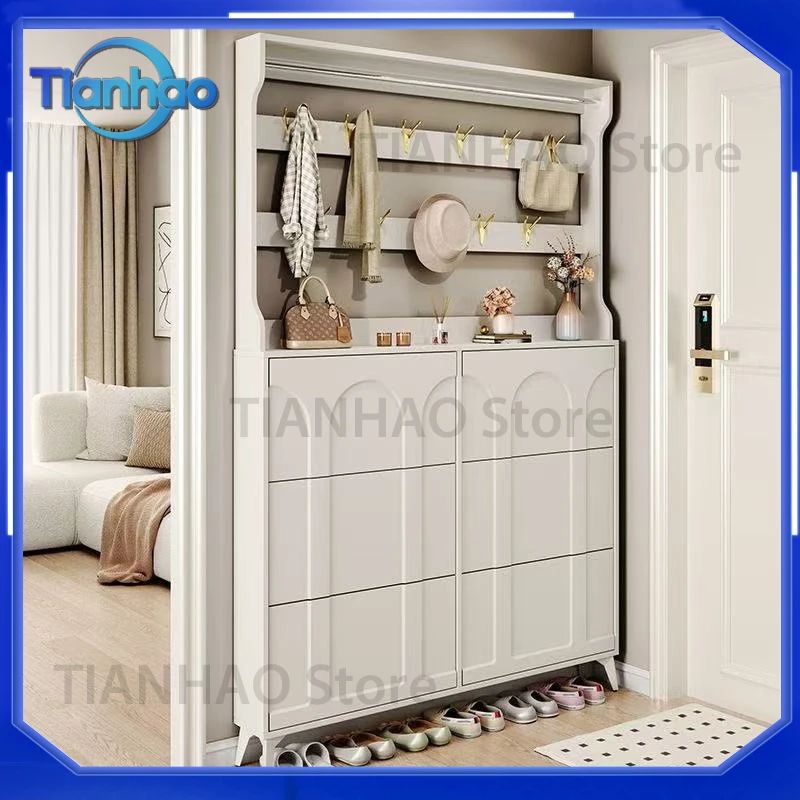 Ultra-Thin Cream Shoe Cabinet with Hanger for Small Apartments Integrated Household Entryway Wall-Mounted Entry Door Storage