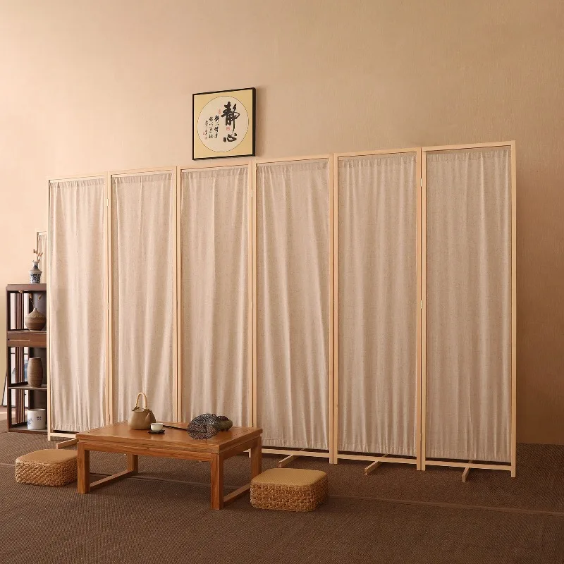 Chinese solid wood linen fabric screen entry partition living room entrance modern simple folk pastoral fabric folding screen