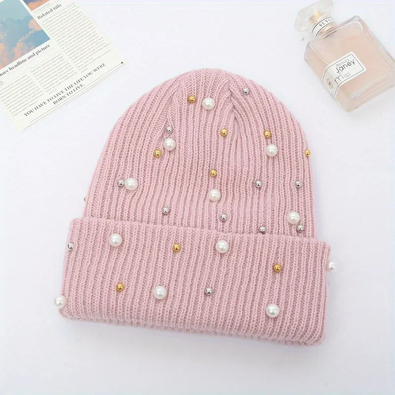 

Warm Shiny Solid Color Hat with PearlDecorationCurled Edge Brimless Knitted Cap Fried Dough Twists Style for Outdoor
