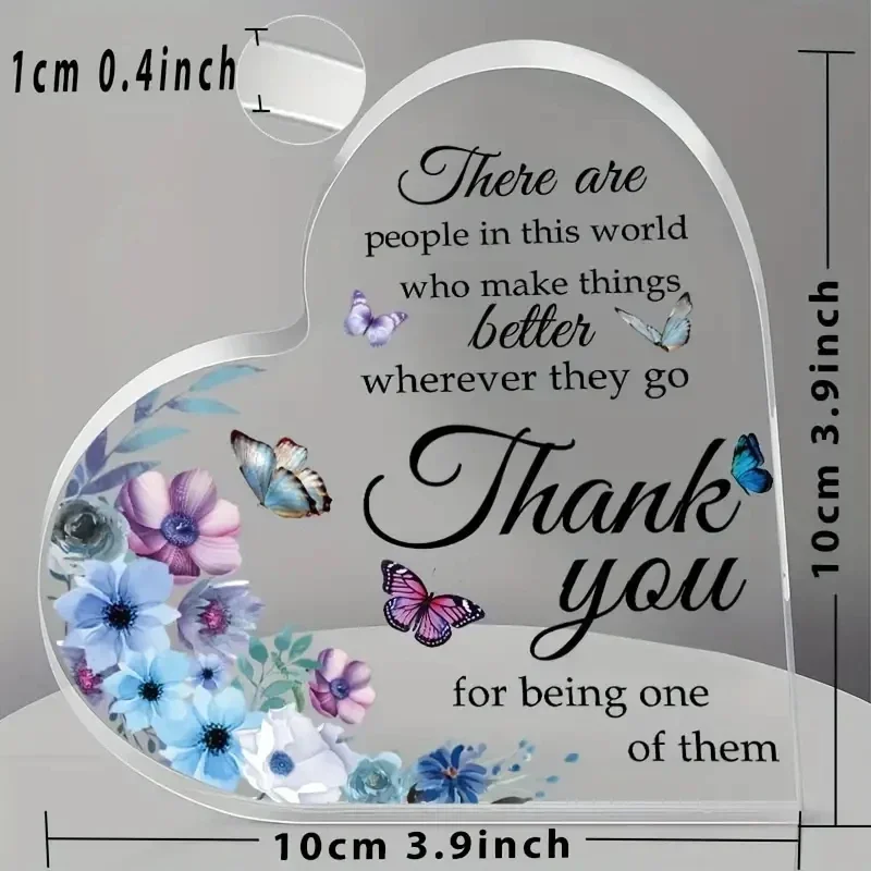 Watercolor Flowers & Butterflies Clear Heart Acrylic Stand Inspirational Thank You Desktop Ornament